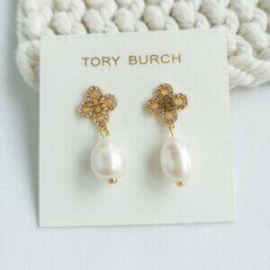 Tory Burch Kira Clover Gold Pearl Drop Earrings